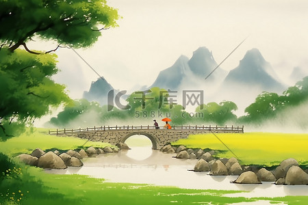 新中式水墨风插画图片_中国传统绘画唯美水彩乡村插画