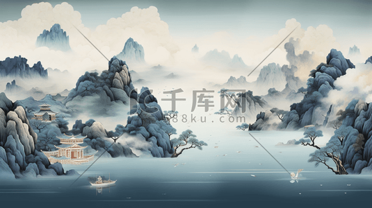 中国风唯美意境山水风景插画9