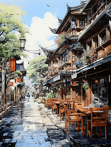 商业街插画图片_中国古镇繁华的商业街3