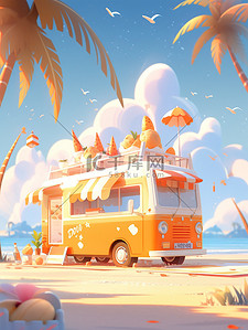 淋上插画图片_海滩上一辆橙色雪糕车3