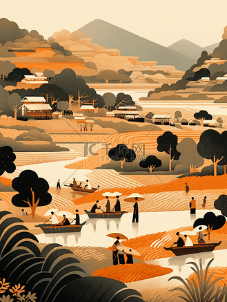 彩色乡村田野农耕丰收卡通插画7