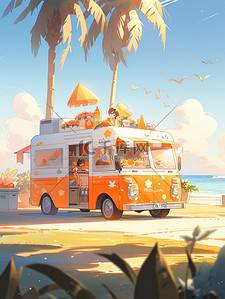 淋上插画图片_海滩上一辆橙色雪糕车7