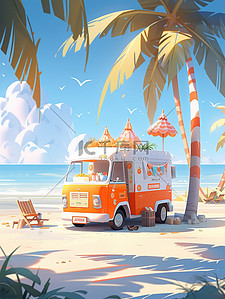 淋上插画图片_海滩上一辆橙色雪糕车6