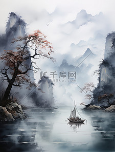 传统水墨山插画图片_中国传统水墨轻舟过万重山12