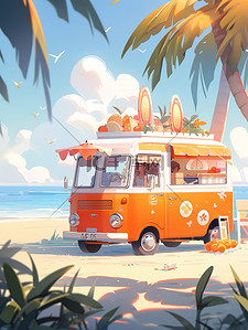 淋上插画图片_海滩上一辆橙色雪糕车13
