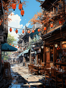 古镇旅行插画图片_中国古镇繁华的商业街7
