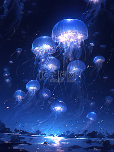 蓝光插画图片_深蓝色水中的水母蓝光9