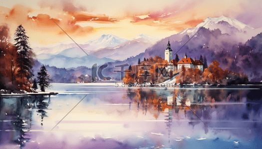 北欧插画图片_宁静的秋天湖边小镇风景