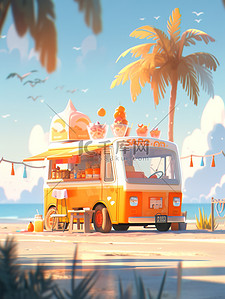 淋上插画图片_海滩上一辆橙色雪糕车15