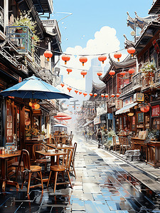商业街繁华插画图片_中国古镇繁华的商业街5