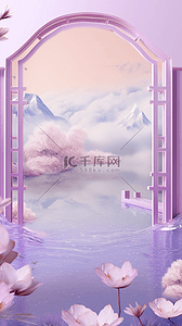 国潮边框插画图片_中国风拱门国潮紫色3D七夕山水场景