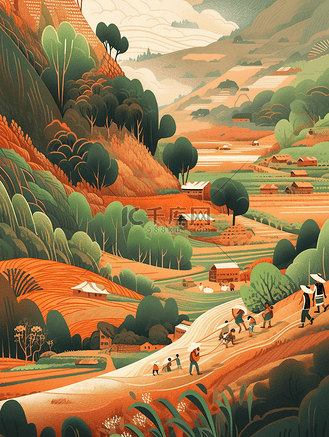 彩色乡村田野农耕丰收卡通插画12