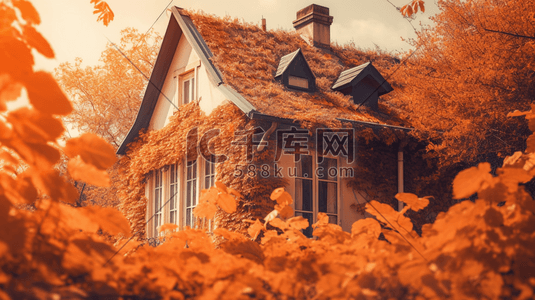 橙叶插画图片_一座有橙叶的房子秋天秋季风景