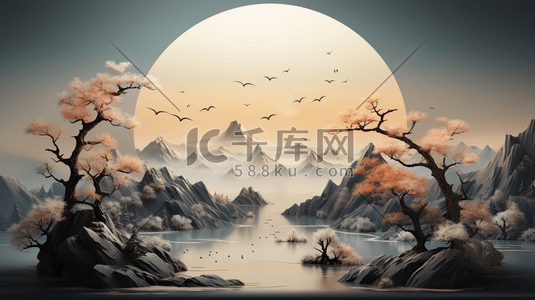 新中国风格插画图片_中国风工笔画中式素雅淡雅秋天山水