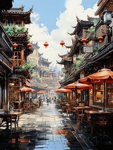 商业街插画图片_中国古镇繁华的商业街18