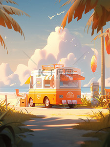 淋上插画图片_海滩上一辆橙色雪糕车11