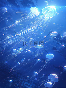 深蓝色水中的水母蓝光10