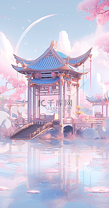 中国风粉插画图片_中国风亭台楼榭水榭蓝粉色梦幻七夕场景