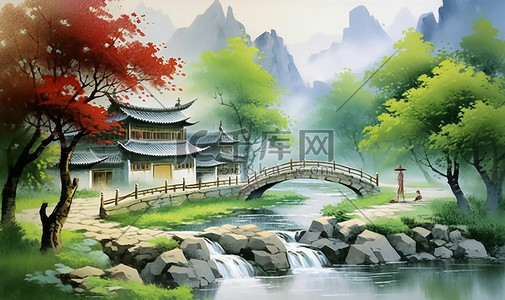 新中式水墨风插画图片_中国传统绘画唯美乡村插画