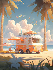 淋上插画图片_海滩上一辆橙色雪糕车4