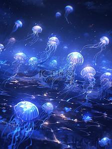 蓝光科技球插画图片_深蓝色水中的水母蓝光6