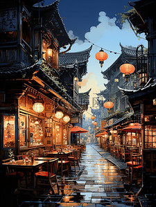 古镇旅行插画图片_中国古镇繁华的商业街10