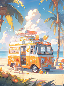 淋上插画图片_海滩上一辆橙色雪糕车5