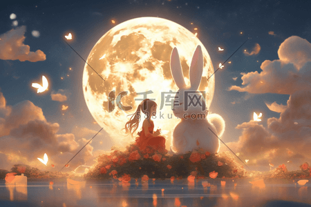 和女孩插画图片_中秋节超大兔子和女孩中国风插画