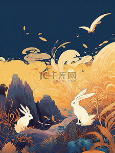 中秋节月亮兔子星空极简插画8