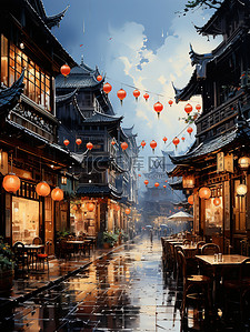 商业街繁华插画图片_中国古镇繁华的商业街6
