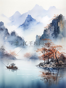 中国诗意插画图片_中国传统水墨轻舟过万重山11