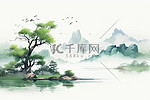 国潮中国风水墨山水绿树古风水彩插画