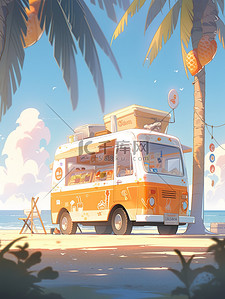 淋上插画图片_海滩上一辆橙色雪糕车1