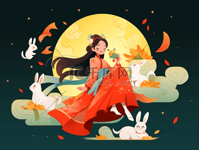 中秋节中秋满月女孩与兔子人物插画