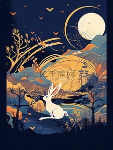 极简海报插画图片_中秋节月亮兔子星空极简插画11