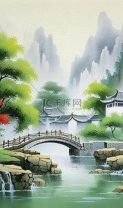 中国传统绘画唯美乡村插画