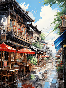 商业街插画图片_中国古镇繁华的商业街14