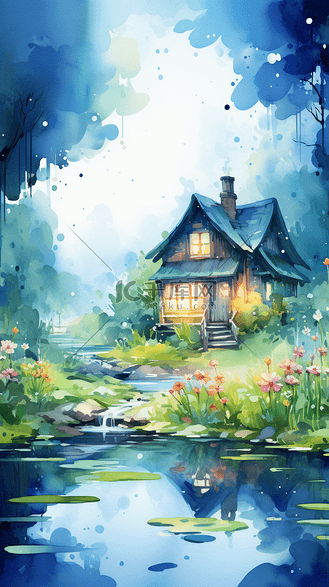 插画水彩风童话小屋田野风景