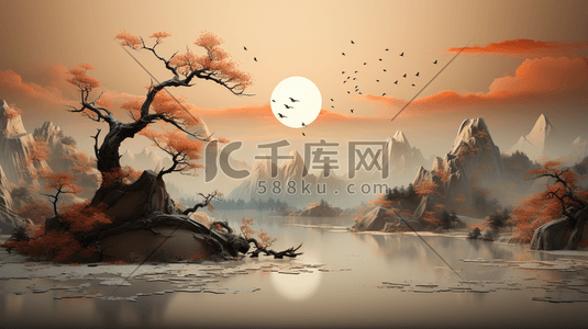 新中国风格插画图片_中式素雅淡雅秋天山水工笔画