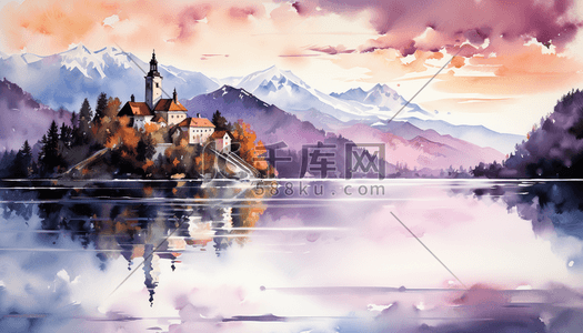 北欧插画图片_水彩风宁静的秋天湖边小镇风景