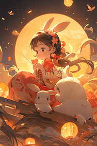 中秋节满月下的女孩和兔子中国风插画