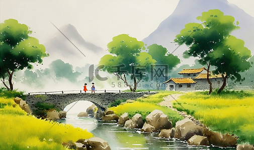 中国传统绘画唯美水彩乡村插画