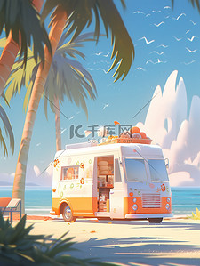 淋上插画图片_海滩上一辆橙色雪糕车14