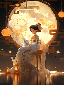 中秋节满月下抱着兔子的女孩中国风插画