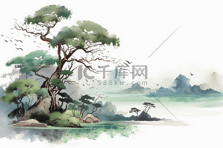 国潮中国风水墨山水绿树古风水彩插画