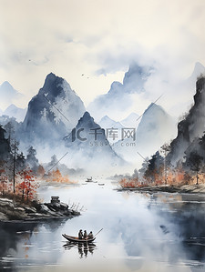 传统水墨山插画图片_中国传统水墨轻舟过万重山5