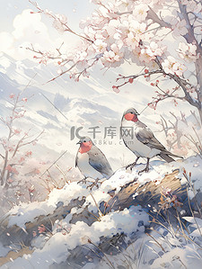 报春插画图片_雪山梅花小鸟中国风诗意插画11