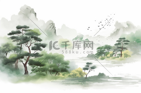 山水国潮古风插画图片_国潮中国风水墨山水绿树古风水彩插画