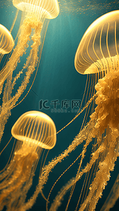 金色粒子金色插画图片_海底世界金色水母粒子特效轮廓光线