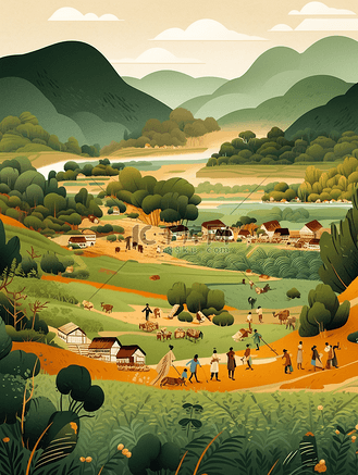 彩色乡间田野农耕风景插画2